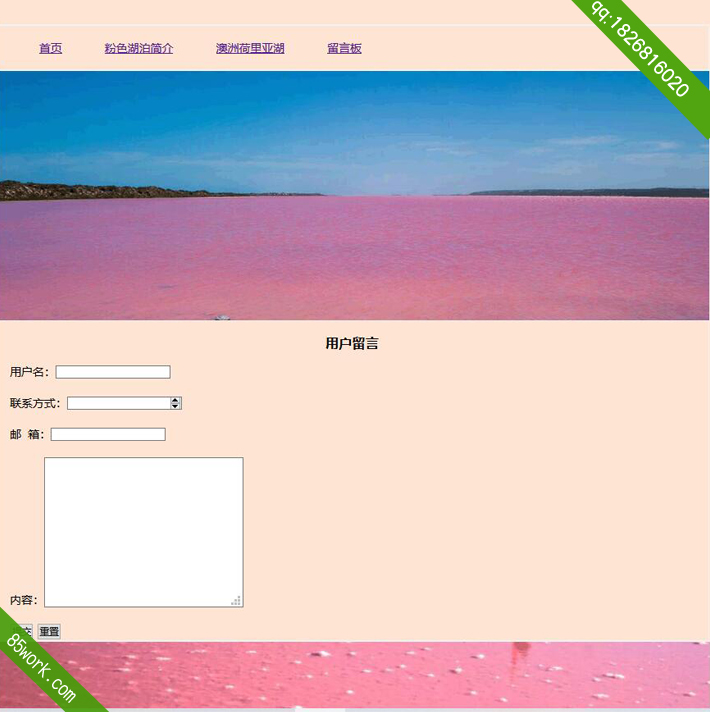 学生网页设计作业粉色湖泊旅游主题网页成品子页留言板