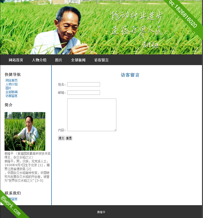 学生网页设计作业袁隆平html5网页设计作业成品子页访客留言
